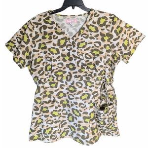 Koi green cream camo animal leopard tie waist cotton scrub top womens 2X